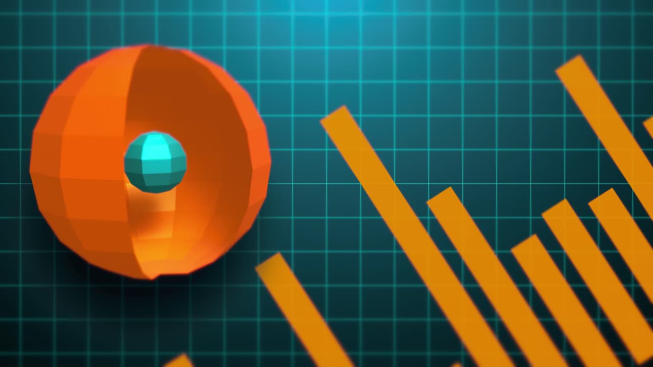 Seamless loop of 3D geometric spheres over a digital business bar chart. Concept of financial growth, data analysis, and corporate technology in a modern motion graphic