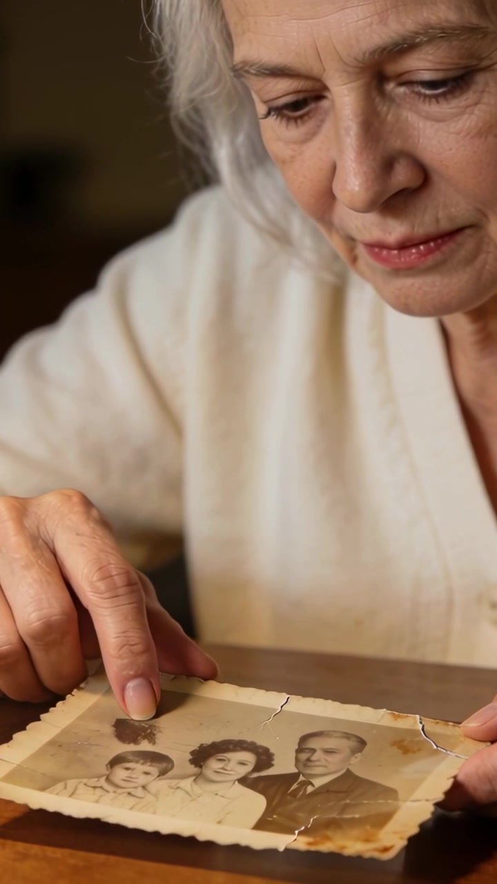 Vertical video: Leaning senior in robe recalling and tracing face on sepia pic at table, copy space