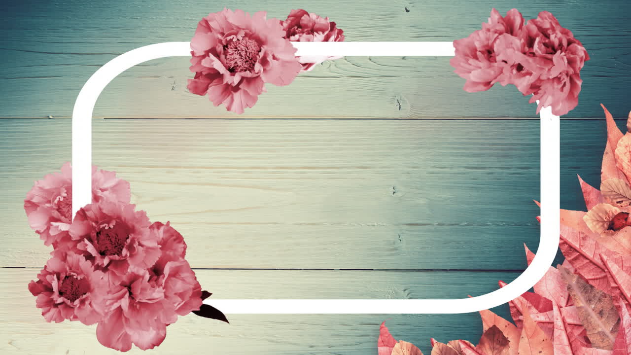 Animação de flores e folhas cor-de-rosa com moldura branca sobre fundo de madeira