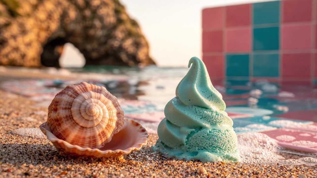 A Serene Beach Scene Featuring a Beautiful Shell and Soft Serve Ice Cream Against a Vivid Coastal Background Highlighting Summer's Delights