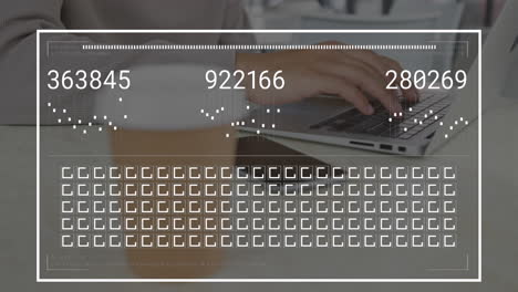 animation of graphs, numbers, loading bar and squares, midsection of caucasian man working on laptop