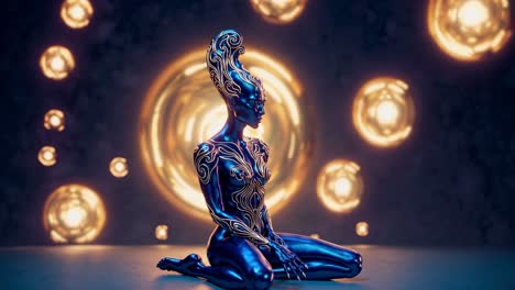 blue reptilian humanoid kneeling in shadowy environment, golden tribal markings decorating scaled skin, luminescent orbs surrounding mystical figure against circular ethereal background
