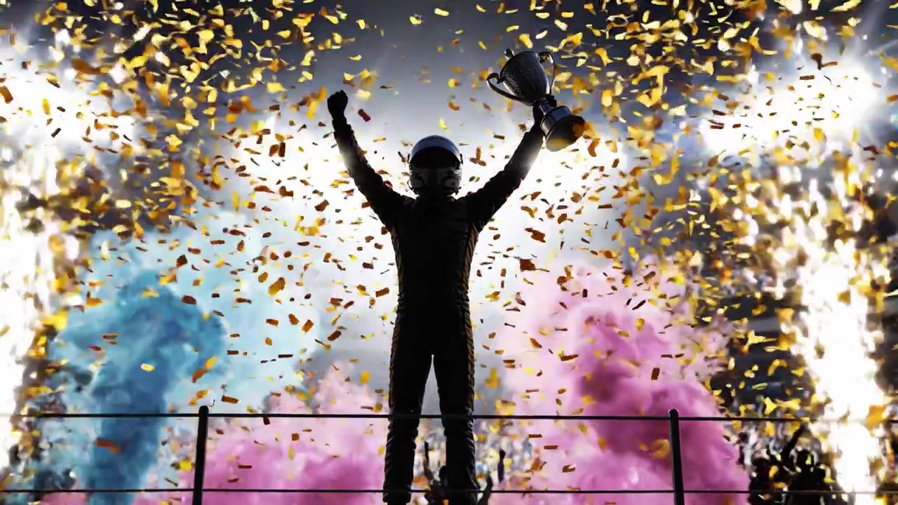 Una figura trionfante si erge sul podio dopo una vittoria esaltante, circondata da fan in delirio, coriandoli vivaci e un riflettore abbagliante che celebra il successo.