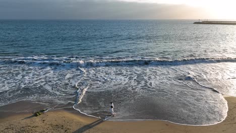 drone shot couple walking along the beach