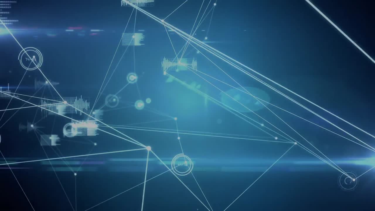 animación de puntos conectados e íconos de gráficos sobre el globo contra un fondo azul