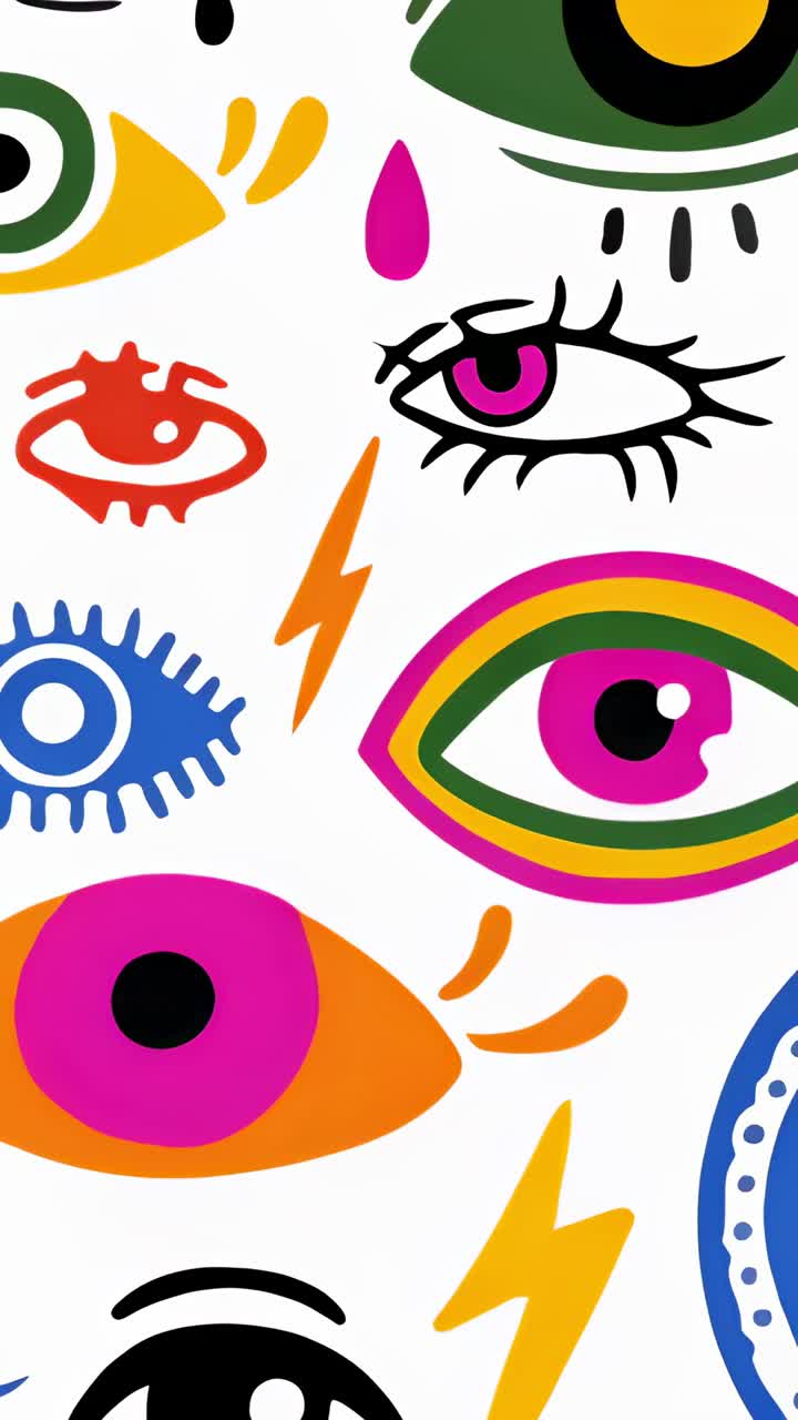 Vertical video: Displaying stylized eyes mixing lightning bolts and pink teardrop on white canvas