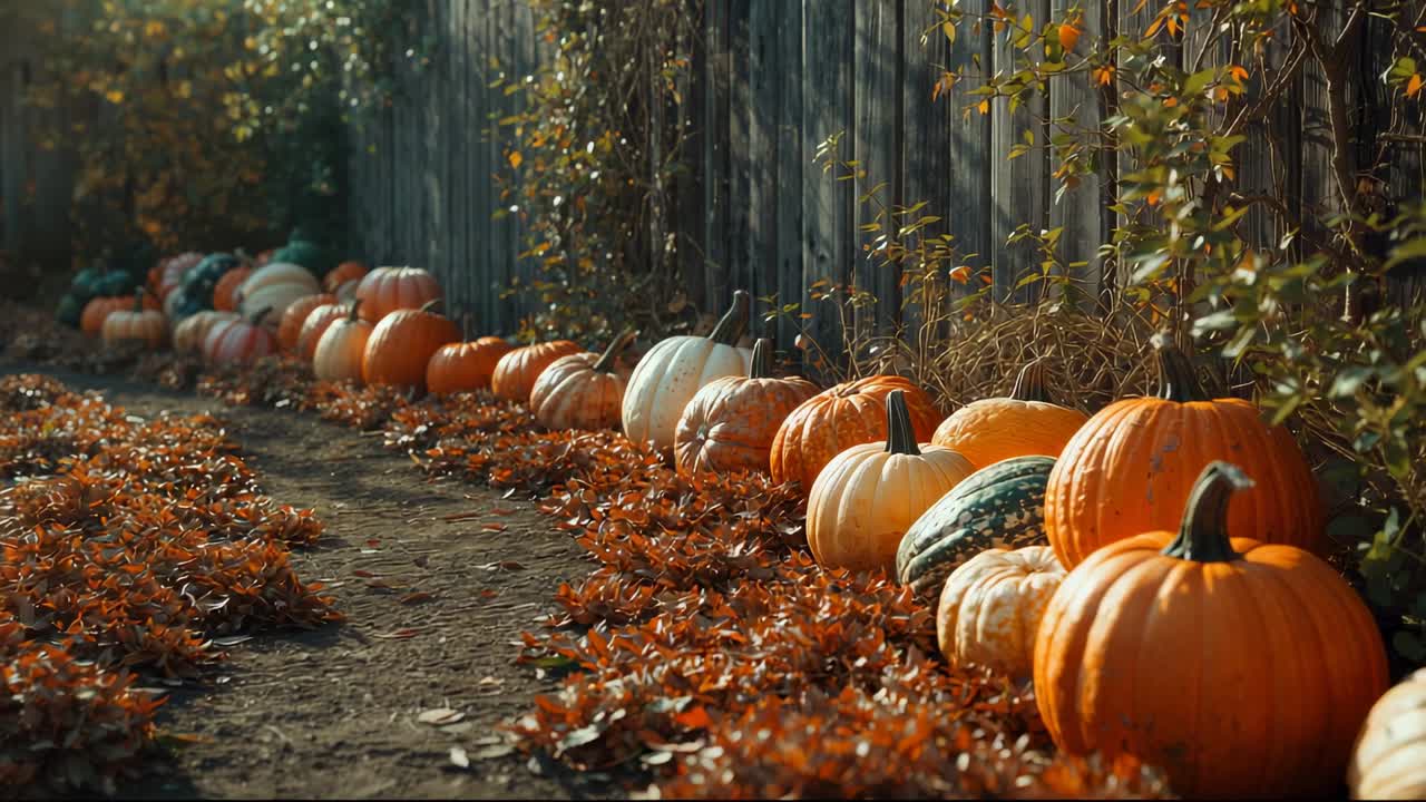 Moving camera forward along yard path after hold revealing line of pumpkins for fall display