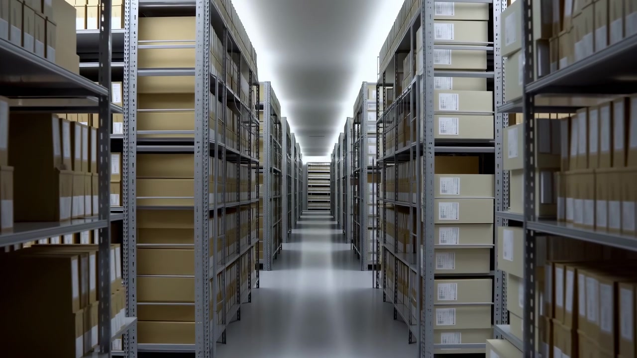 Interior view down a long central aisle in a large archival storage room, lined with tall metal shelving densely packed with uniform labeled cardboard boxes