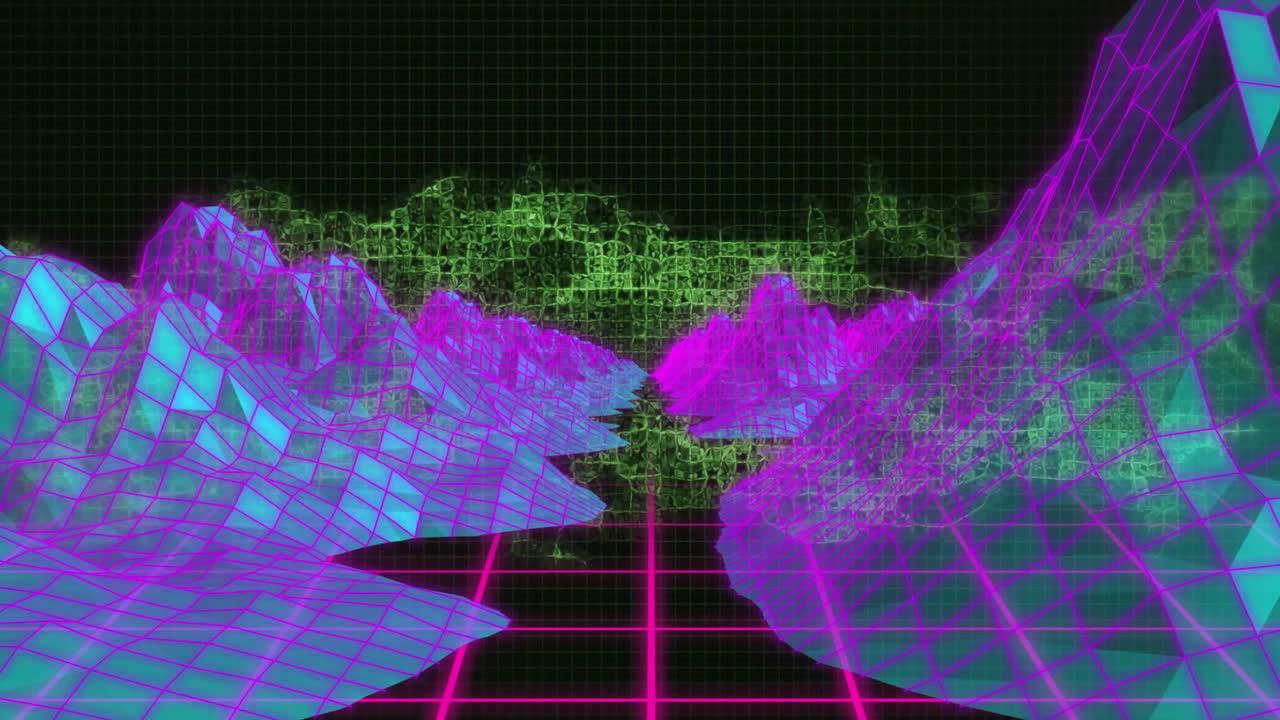 Neon wireframe floor extending to vanishing point, framing cyan peaks under floating green pattern