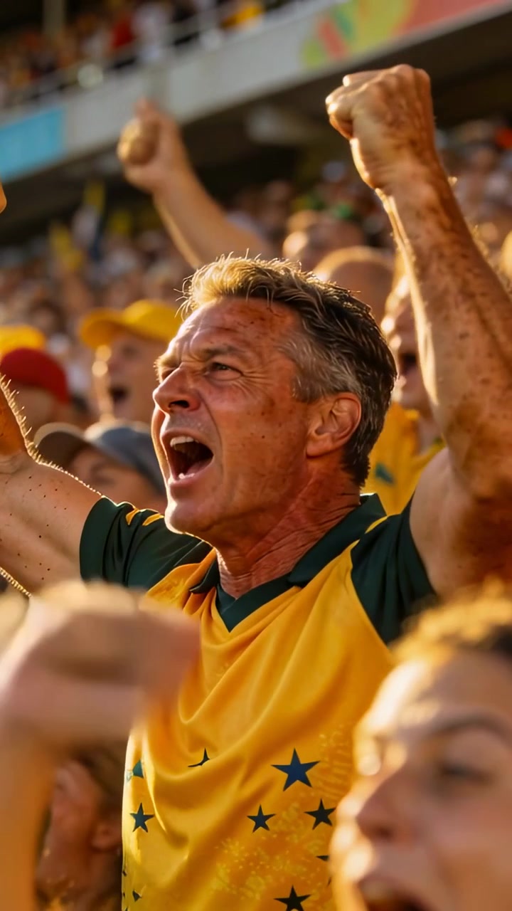 Video vertical: Hombre animando con camiseta amarillo-verde, agitando los puños en una tribuna abarrotada, después de un gol