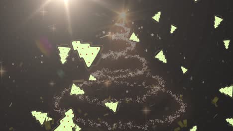 animation of christmas tree icons falling over light spot and shooting star forming a christmas tree