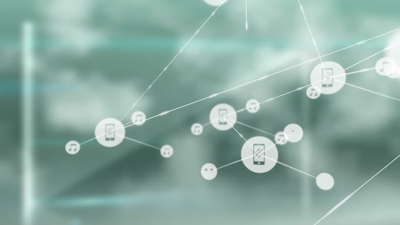 animación de la red de conexiones con iconos sobre fondo verde