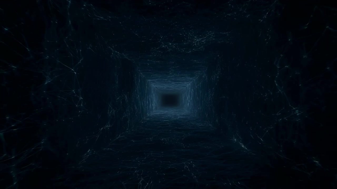 Deep Blue Data Tunnel Portal, Slow Forward Drift Through Electric Particle Streams, Gridlike Walls And Subtle
