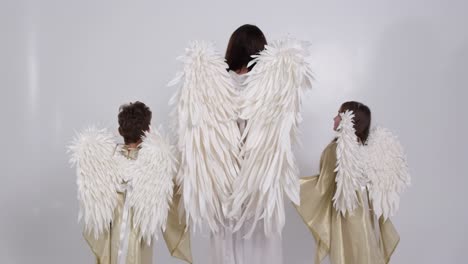 family with angel wings on a white background they are in smoke family with angel wings on a white background they are in smoke slow motion