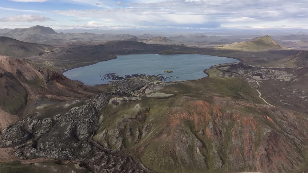 Frostastadavatn Lake in highlands of Iceland at sunny day. Autumn season on island. Aerial panorama wide shot. Beautiful nature of Iceland. Quiet scene