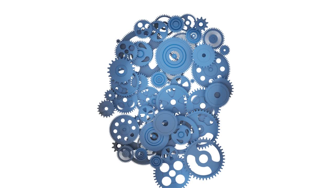 Human head with gears. Business technology concept. 3d animation