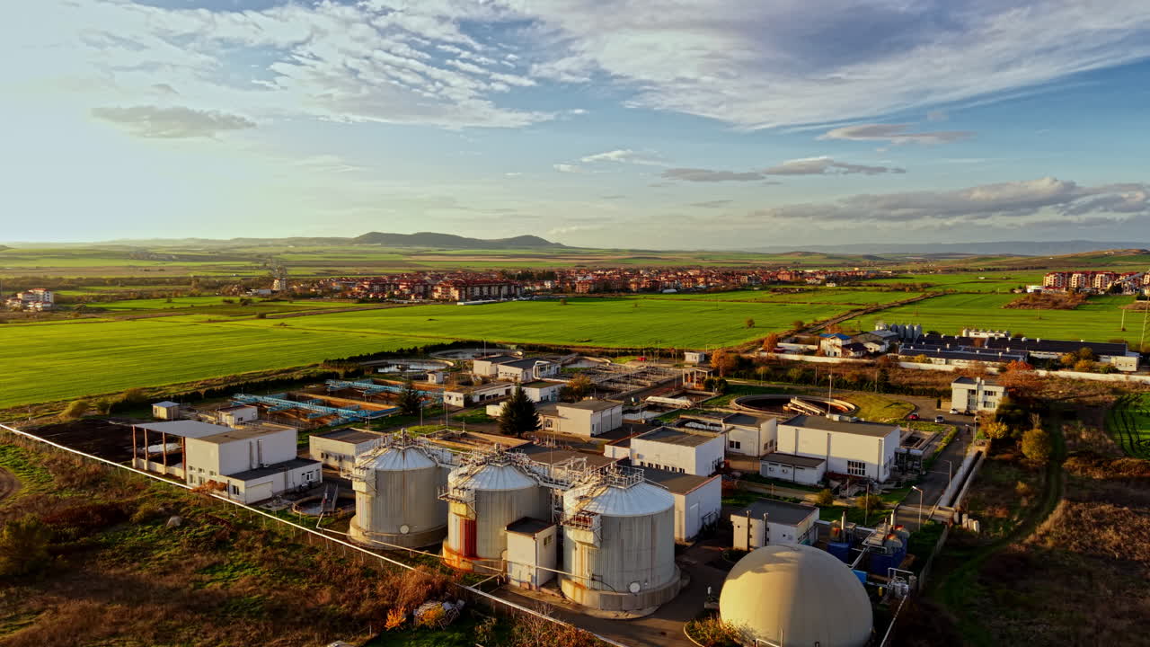 Energieanlage in einer ruhigen Landschaft mit grünen Feldern und entfernten Bergen während der Abenddämmerung