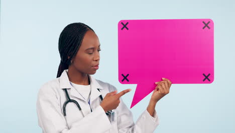 Black-woman,-doctor-and-speech-bubble-with-thumbs