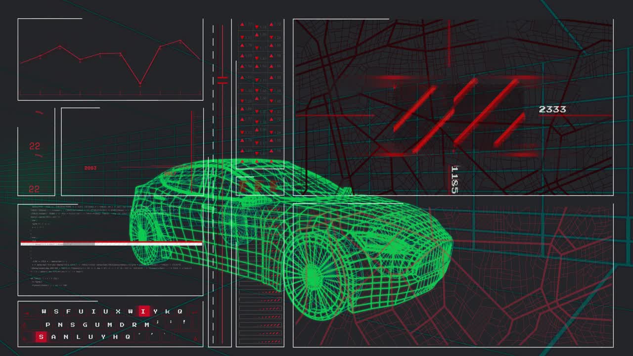 HUD expanding, panels filling, scan sweeping, probe linking neon wireframe car to map for status