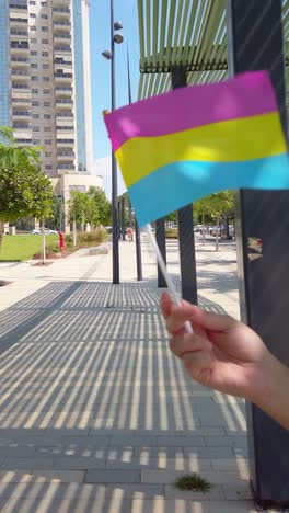 pansexual flag against a modern urban skyline