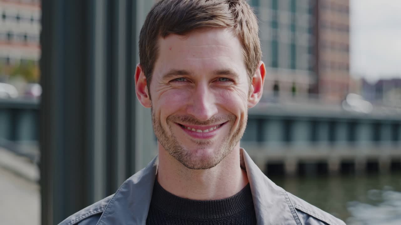 Young, elegant man smiling with different facial expressions, showing a range of emotions from subtle smiles to wide grins, with a blurred urban background