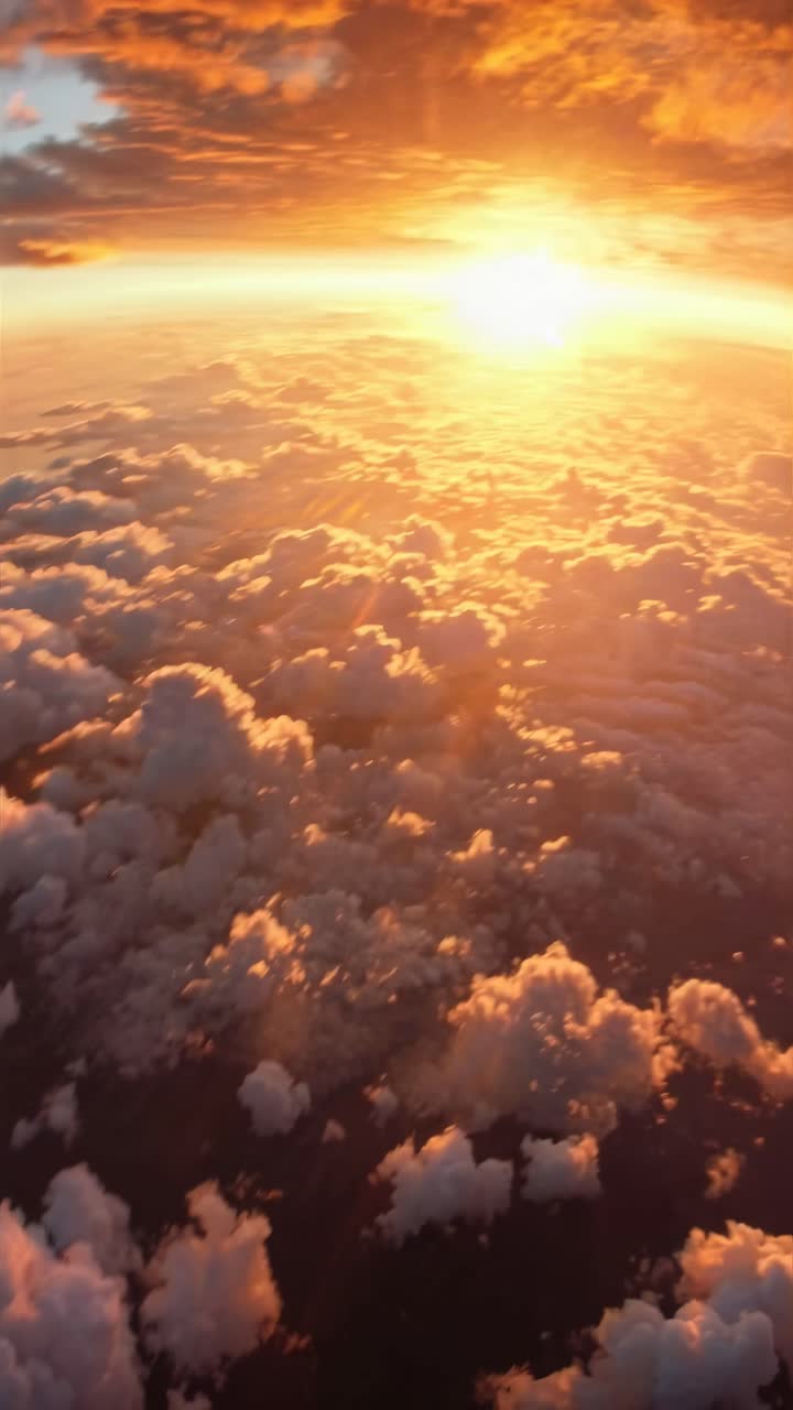 Veduta aerea di uno splendido tramonto sopra nuvole soffici, che cattura un'atmosfera serena e dorata.