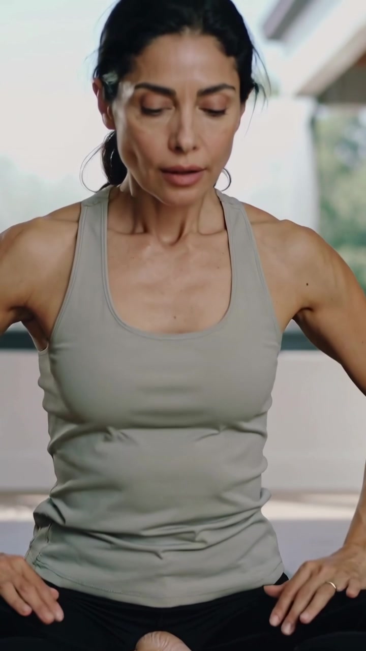 Video vertical: Mujer inhalando, levantando los brazos, bajando las manos, adoptando una postura de calma en una esterilla de yoga, con un top sin mangas.