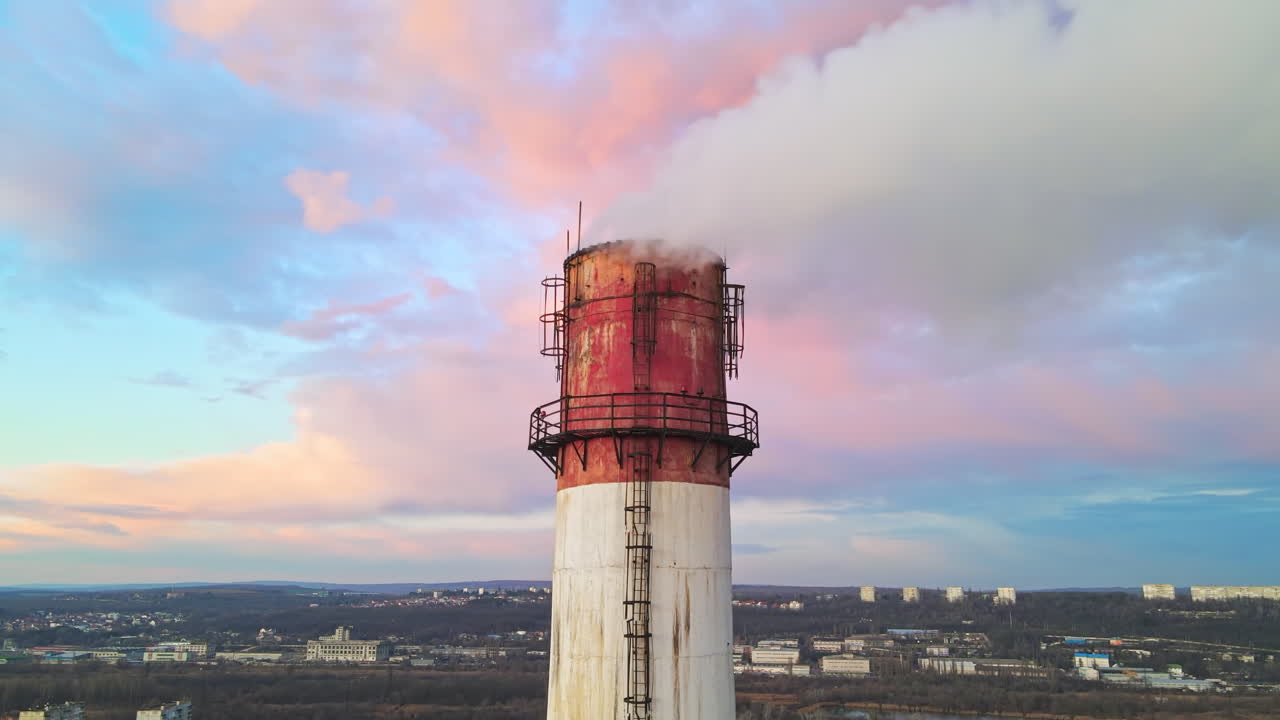 Aerial drone view of Chisinau at sunset. Tube of the thermal station with smoke coming out. Cityscape on the background. Moldova