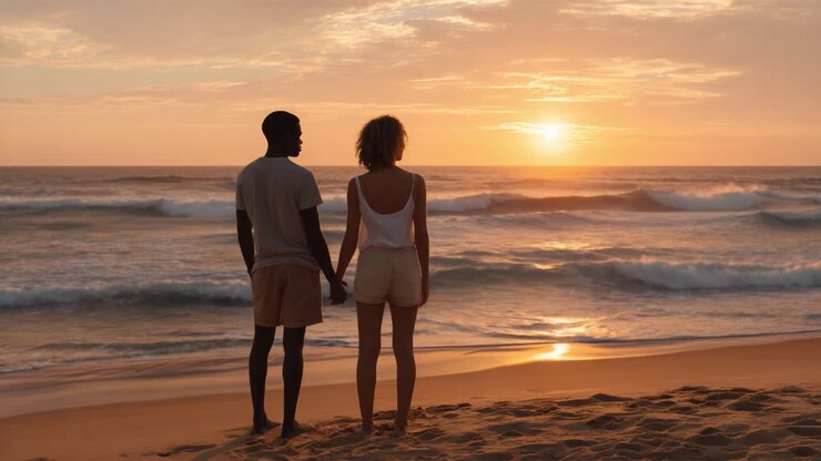 Un moment de coucher de soleil serein : un couple étreint la tranquillité de la plage en se tenant la main et en regardant les vagues déferler doucement sous un magnifique ciel de soirée