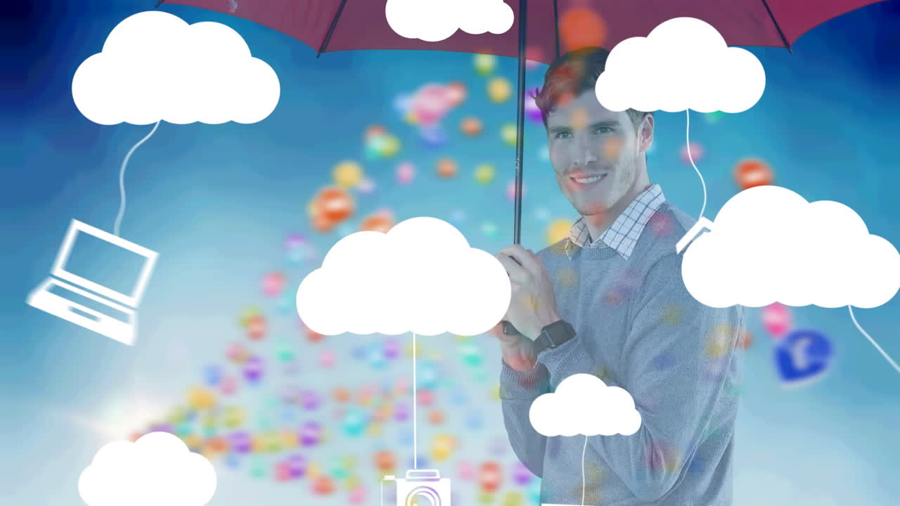 animación de nubes e iconos digitales sobre un hombre de negocios bajo un paraguas sobre un fondo azul