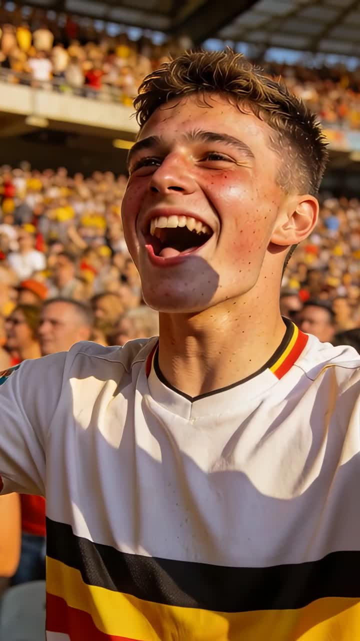 Video verticale: Reagendo a un'azione di gioco, un giovane tifoso che indossa una maglia a righe alza le braccia esultando nello stadio.