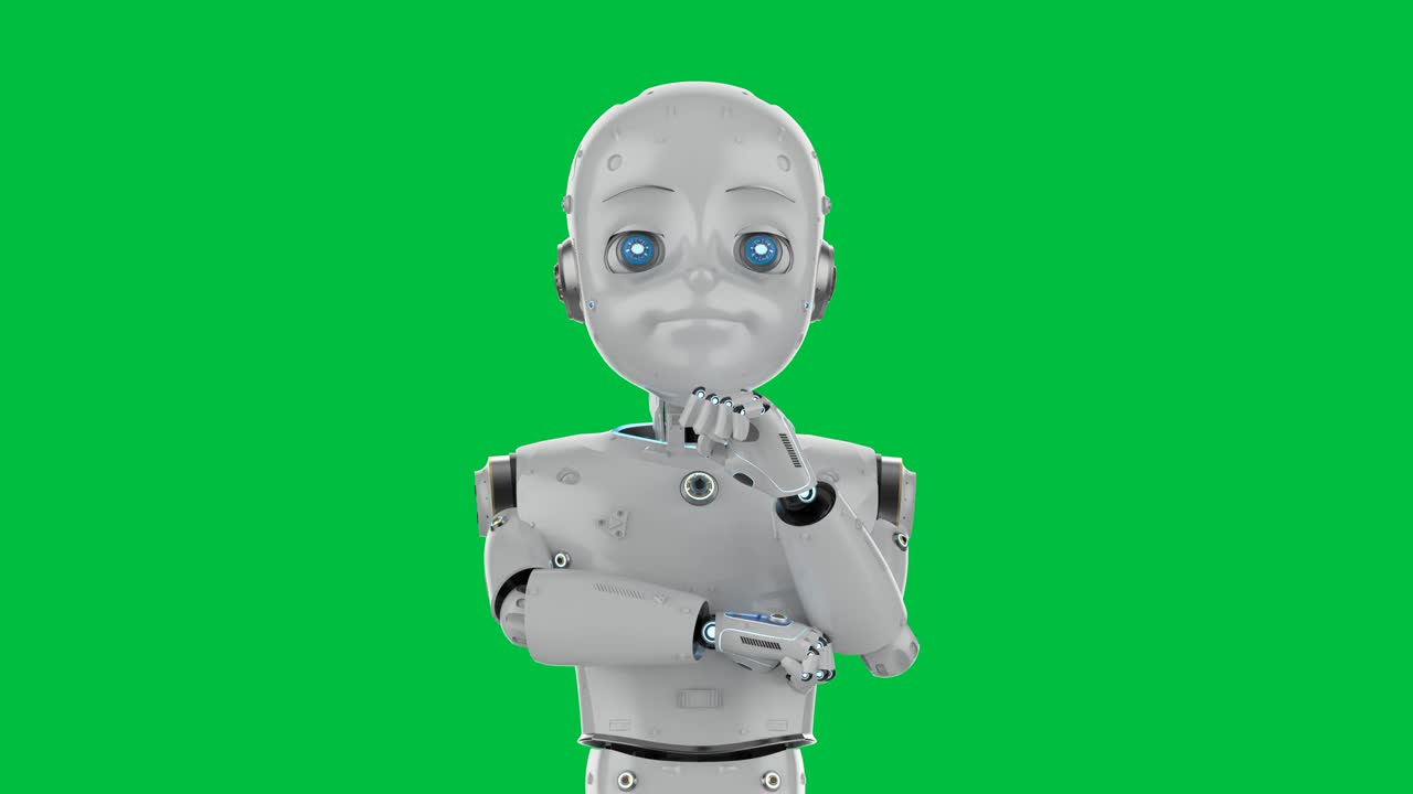 Cute robot with cartoon character on green screen