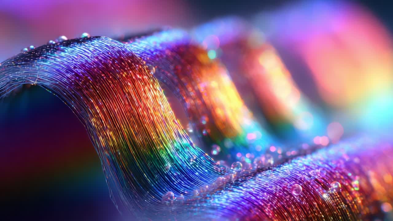 A Stunning Close-up of Colorful Metallic Waves Glimmering with Water Droplets, Showcasing a Vibrant Spectrum of Color and Texture, Creating an Enchanting Visual Experience with Reflective Surfaces and Iridescence