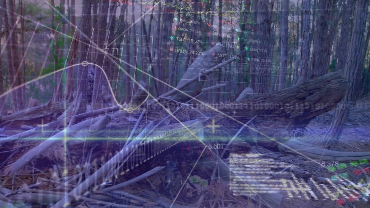 Entering forest man in camo hoodie traversing logs while tech overlaying line graphs intensifying