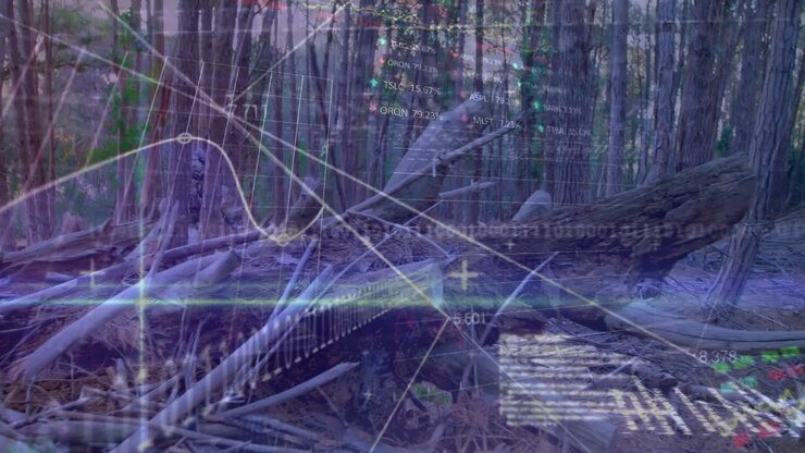 Entering forest man in camo hoodie traversing logs while tech overlaying line graphs intensifying