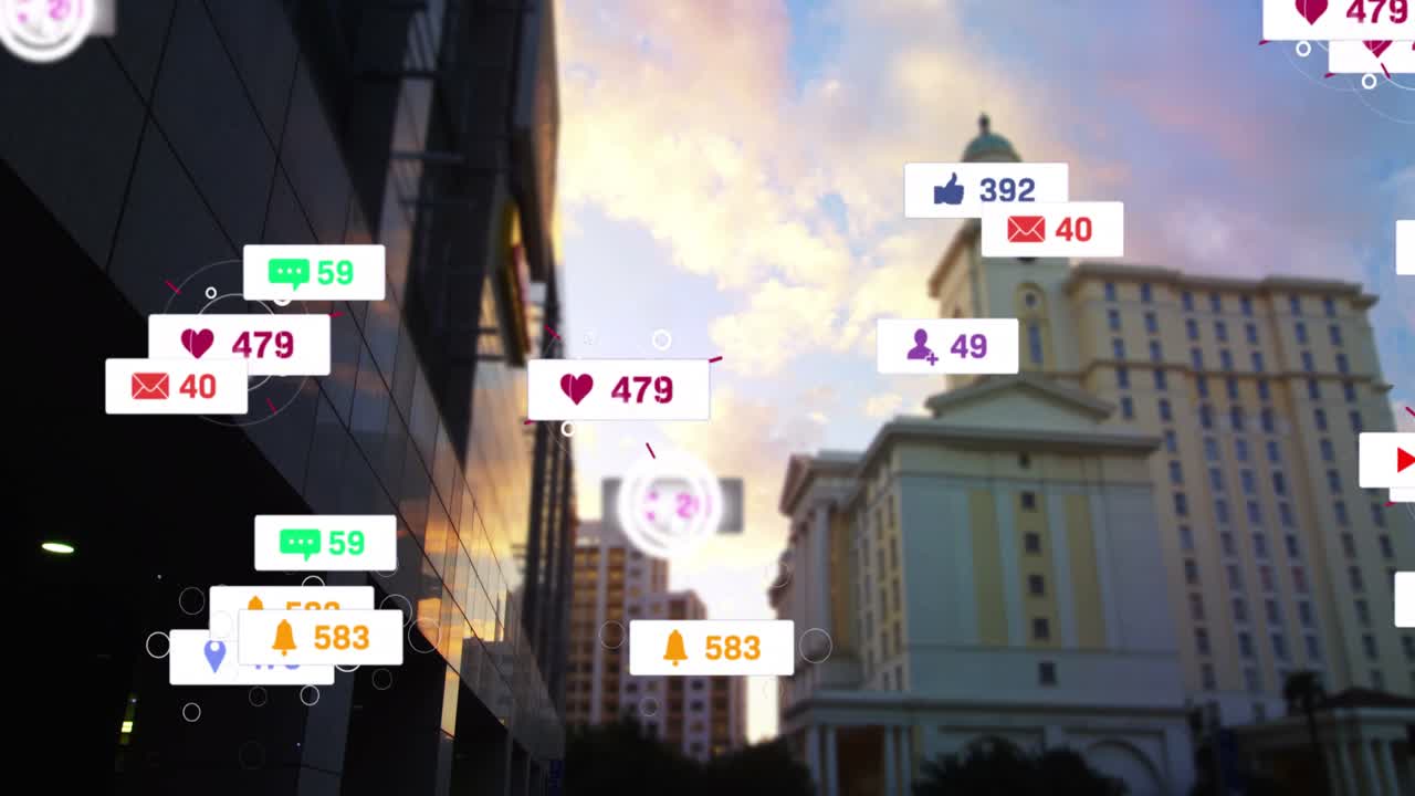 Badge icons appearing after calm, stacking and pulsing over glass and tower, fading, showing surge