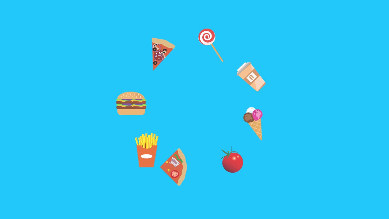 Animação de elementos de fast food em tela azul chroma key, flat design, recurso gráfico