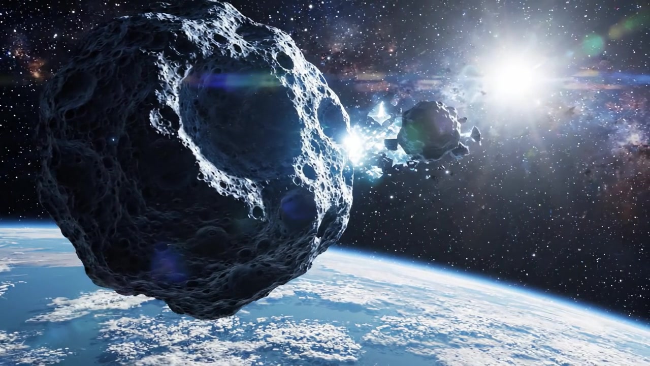 Rappresentazione Drammatica di un Enorme Asteroide in Orbita Attorno alla Terra, Evidenziando Detriti Spaziali e Fenomeni Cosmici in un Incredibile Ambiente Celeste