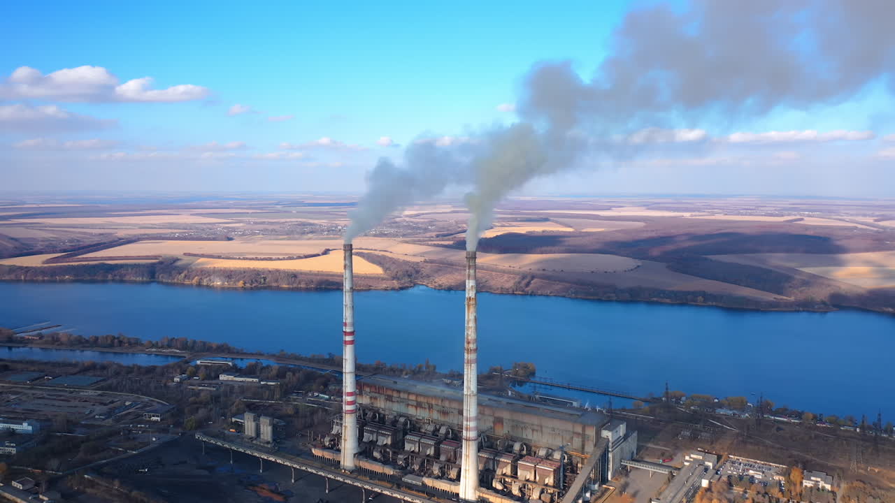 Environmental global warming atmosphere. Aerial view of factory polluted ecology. Full length view