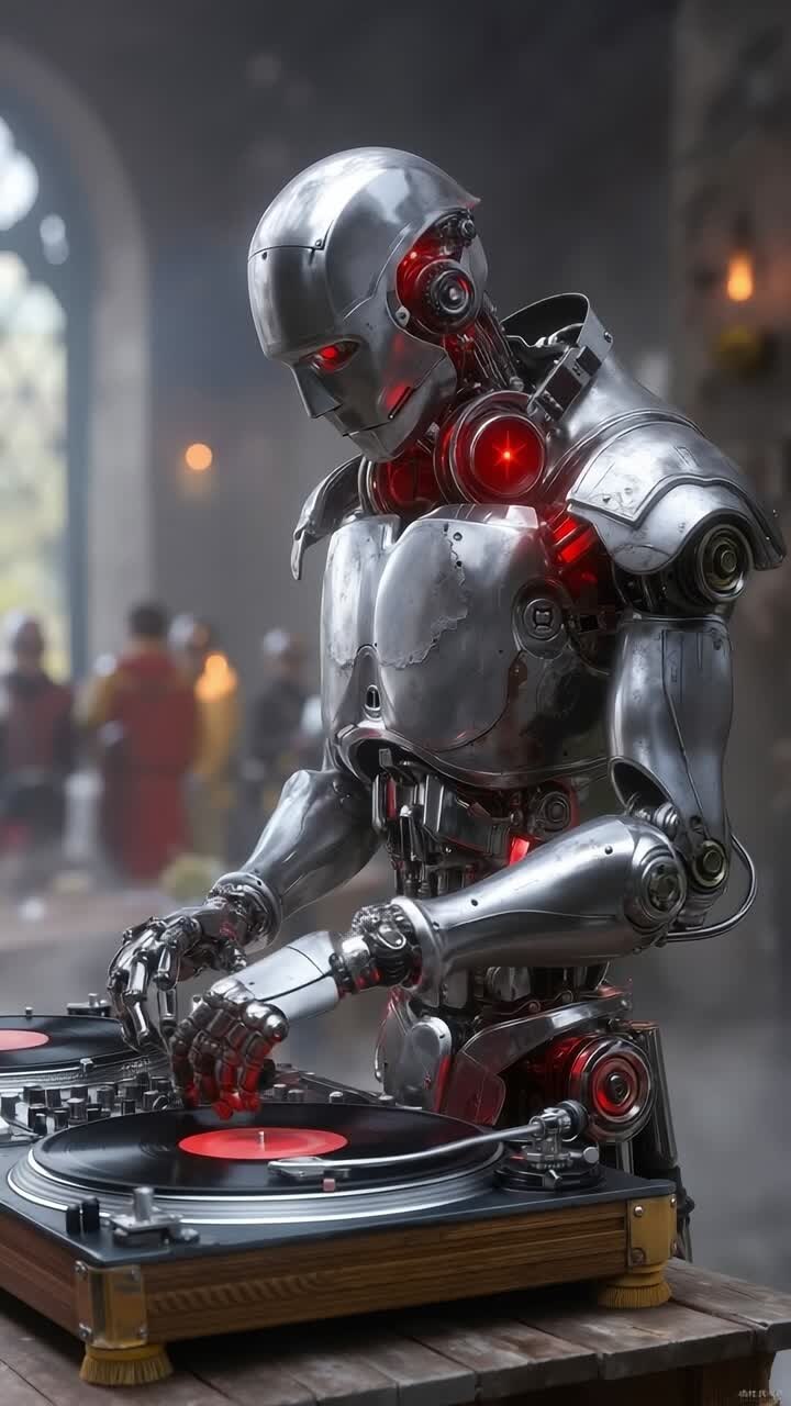 A robot playing a record player on a turntable