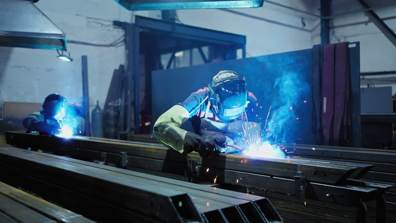 Metal Workers Welding Metal Beams in a Factory