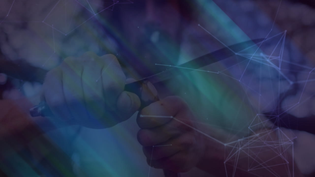 Male hobbyist carving wood in workshop, showing overlaid blue network lines and purple tech nodes