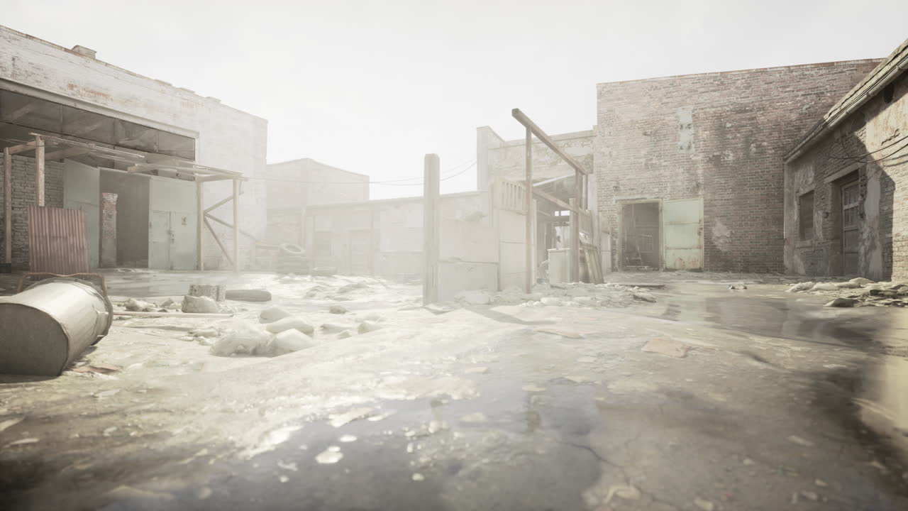 Abandoned and ruined buildings in a desolate cityscape