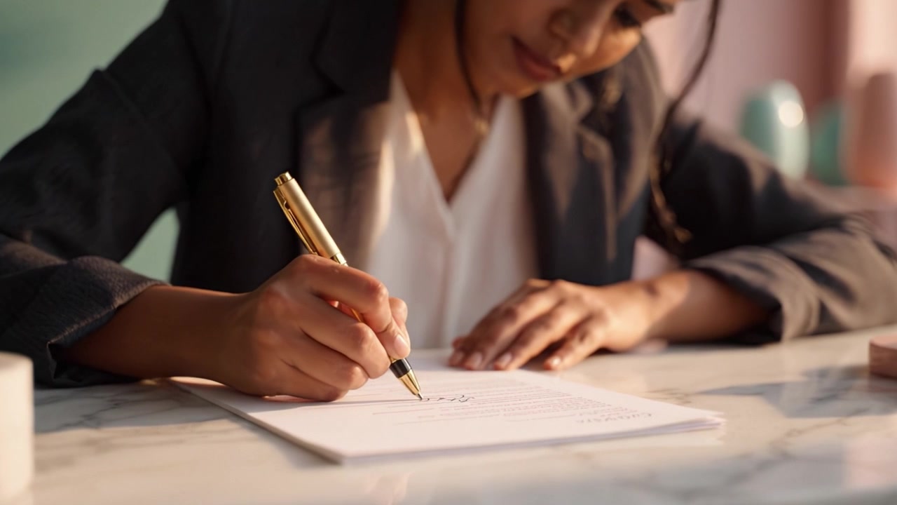 Una donna concentrata scrive diligentemente con una penna su un foglio di carta bianco, mostrando la sua concentrazione e creatività in uno spazio di lavoro accogliente adornato con decorazioni pastello.