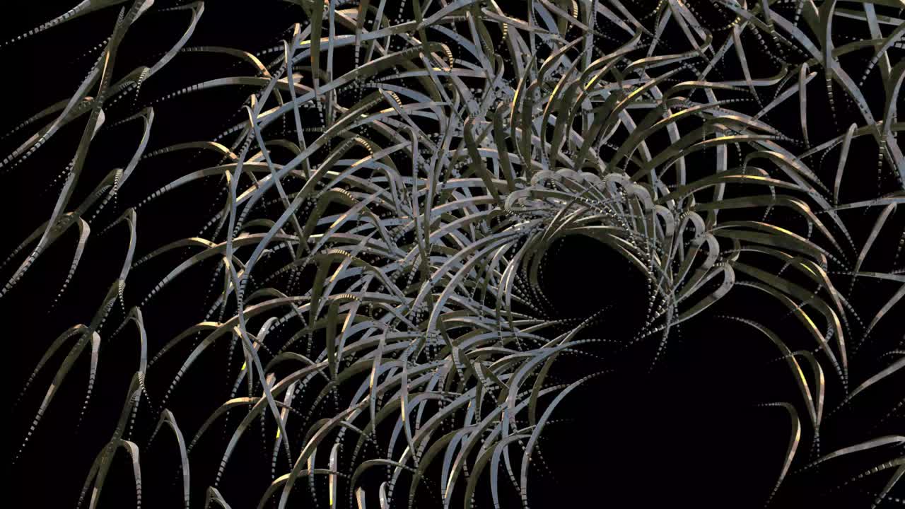 абстрактные изогнутые металлические фигуры, движущиеся синхронно, как инопланетная машина