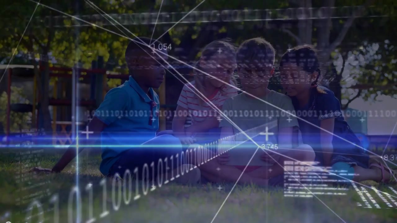 Four children leaning on grass, tapping tablet and watching binary HUD sweeping past them, learning