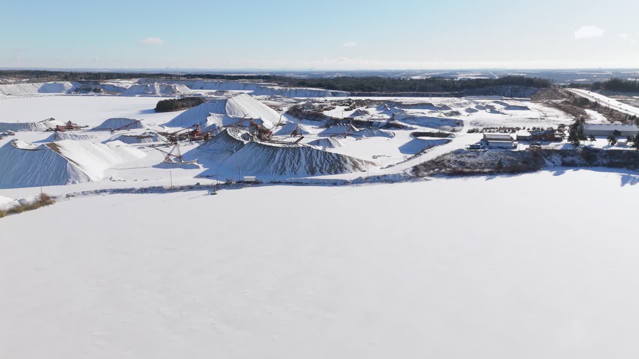 James dick quarry in caledon village, covered in snow on a sunny day, aerial view