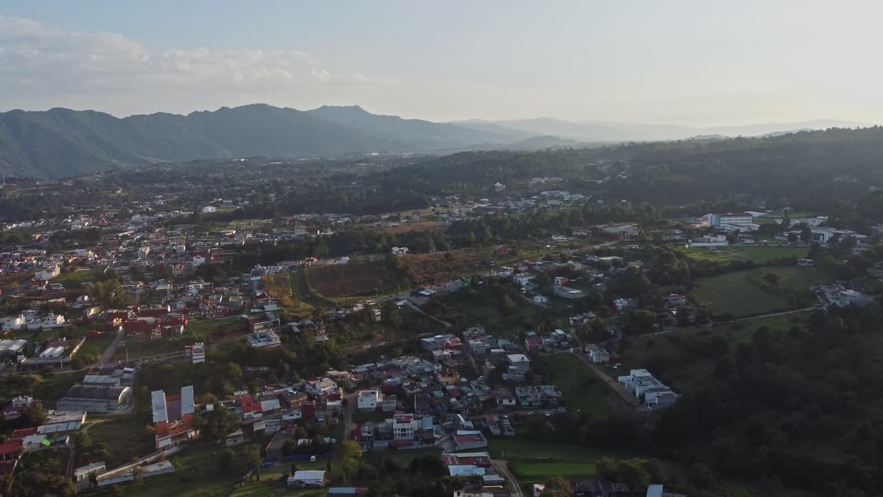 Aerial view of cityscape with hillside view in Zacatlan city, Mexico.