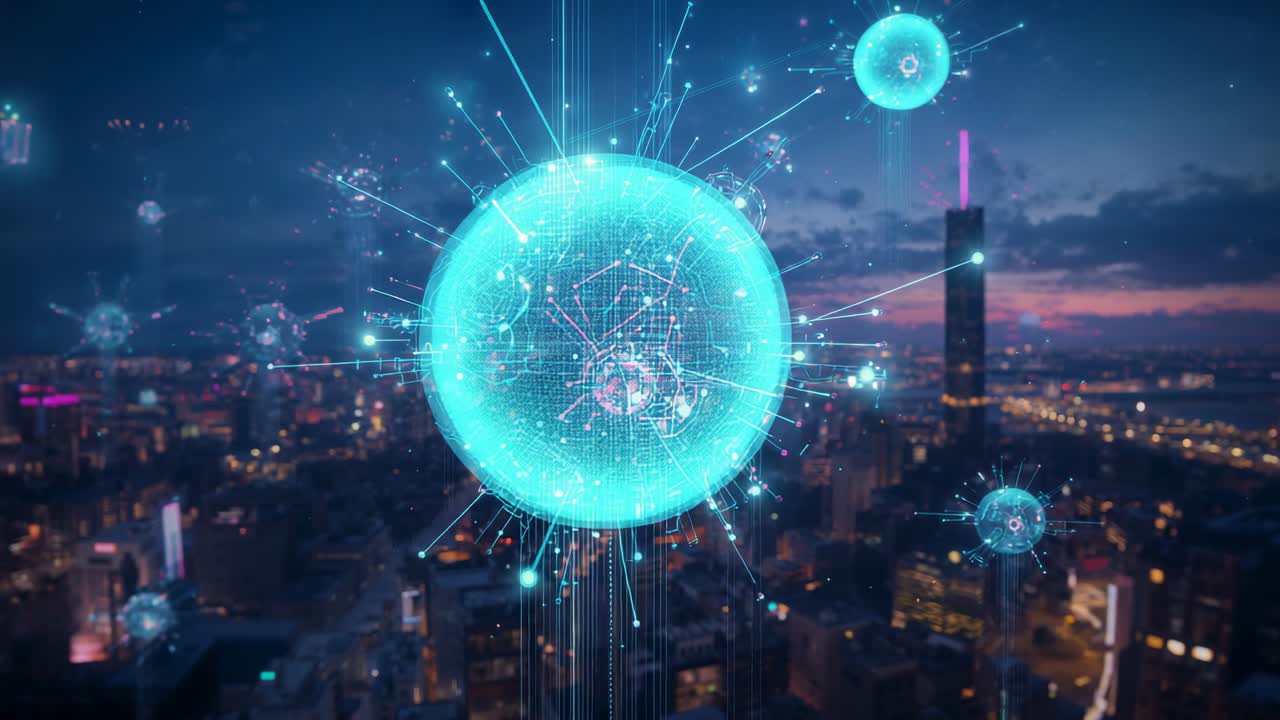 Sfera digitale emergente che pulsa e invia raggi sulla città al crepuscolo, collegando i nodi dati in orbita
