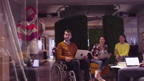 muslim woman in a modern open space coworking office giving a presentation to team. middle eastern arab businesswoman in creative startup office. disabled businessman in a wheelchair on team meeting